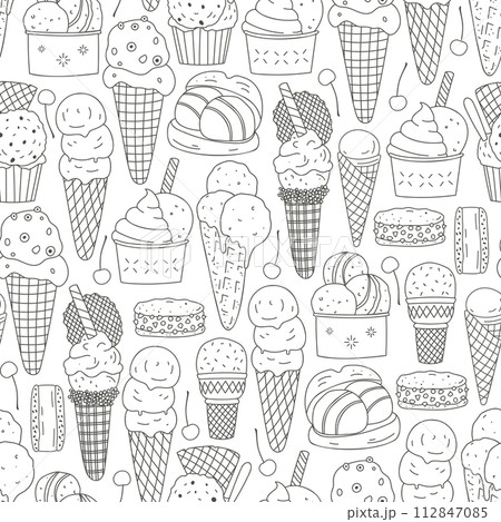 Hand drawn different ice cream seamless pattern. Monochrome food design for fabric, home textile, cover, wrapping paper Hand drawn different ice cream seamless pattern. Monochrome food design for fabric, home textile, cover, wrapping paper 112847085