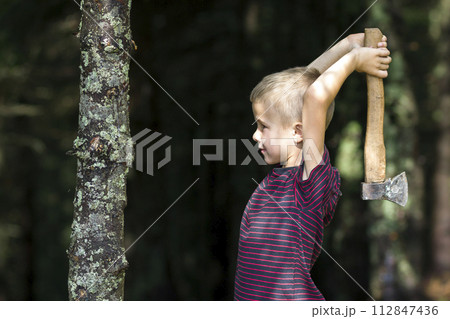 Small boy with heavy old iron axe cutting tree trump in forest on summer day. Outdoor activities and physical labor. 112847436