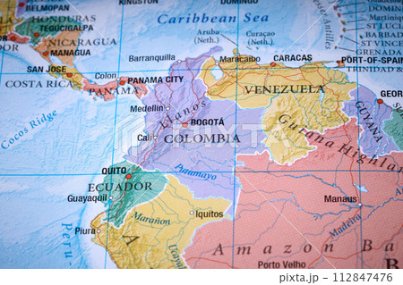 Colombia Venezuela on the world map close up 112847476