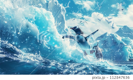 AI-generated content. Penguin Flying Over Boat in Ocean 112847636