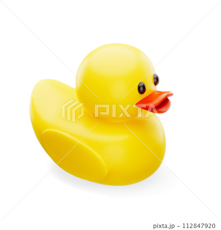 Cute 3d cartoon yellow rubber duck toy with red beak isolated on white background. Design element for rubber duck debugging concept or duckling effect, imprinting. Vector illustration of 3d render. 112847920