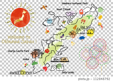 Cute illustrated maps and lucky charms of tourist spots in Okinawa 112848792