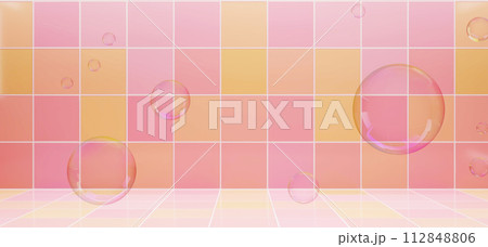 Delicate soap bubbles float gracefully against a soft pink tiled backdrop, evoking beauty and purity, template 112848806