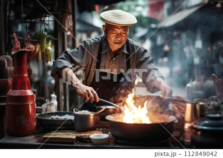 AI-generated content. Happy Asian chef cooking traditional food on open fire in street market AI-generated content. Happy Asian chef cooking traditional food on open fire in street market 112849042