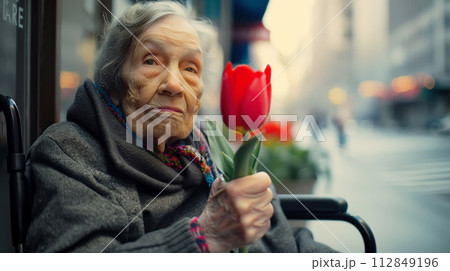 AI-generated content. An elderly woman with Parkinson's disease and red tulip in his hands in wheelchair on city street 112849196