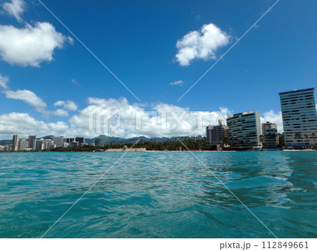 Historic Natatorium, Waikiki, Condomiums, Honolulu cityscape and San Souci Beach 112849661