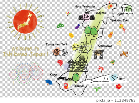石川県の観光地のかわいいイラストマップと縁起物 112849765