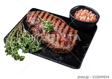 BBQ roasted Shoulder Top Blade or Australia wagyu oyster blade beef steak. Isolated on white background. Top view. 112849924