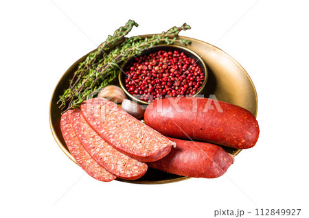 Sliced halal Sucuk beef meat sausage. Isolated on white background. Top view. Sliced halal Sucuk beef meat sausage. Isolated on white background. Top view. 112849927