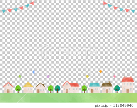 かわいい家と街並みの背景イラスト_フレーム_水彩 112849940