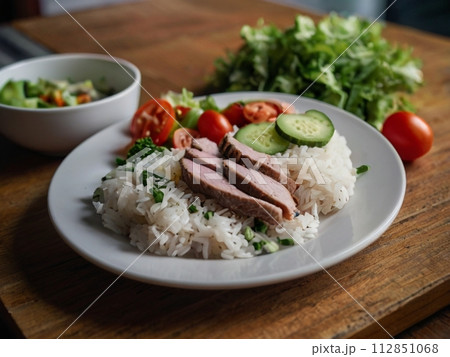 白い皿に盛られた美味しそうなご飯とお肉 112851068