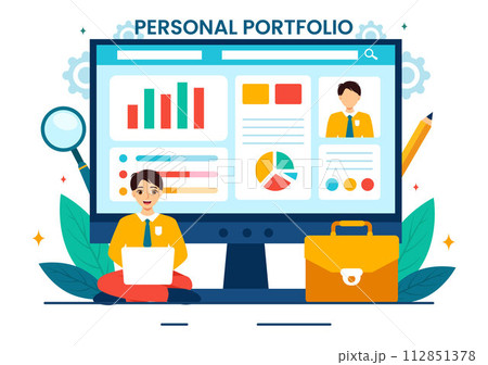 Personal Portfolio Vector Illustration with Profile Data, Resume or Self Improvement to Attract Clients and Employers in Flat Cartoon Background Personal Portfolio Vector Illustration with Profile Data, Resume or Self Improvement to Attract Clients and Employers in Flat Cartoon Background 112851378