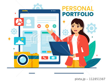 Personal Portfolio Vector Illustration with Profile Data, Resume or Self Improvement to Attract Clients and Employers in Flat Cartoon Background Personal Portfolio Vector Illustration with Profile Data, Resume or Self Improvement to Attract Clients and Employers in Flat Cartoon Background 112851387