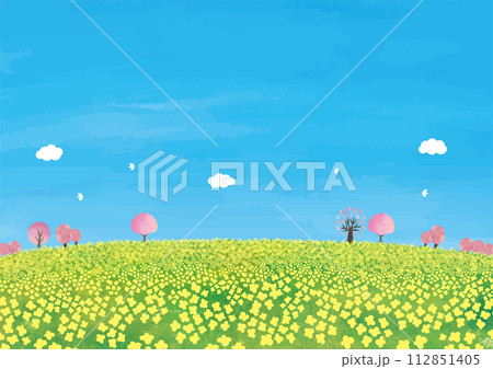 草原と桜の木と菜の花の風景水彩画 112851405