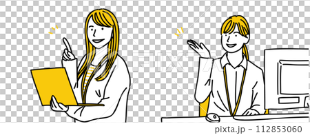 Illustration set of a woman working in an office using a PC Illustration set of a woman working in an office using a PC 112853060