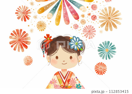打ち上げ花火と浴衣の女の子 112853415