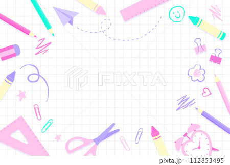 カラフルな文房具 学校生活のイラストセット カラフルな文房具 学校生活のイラストセット 112853495