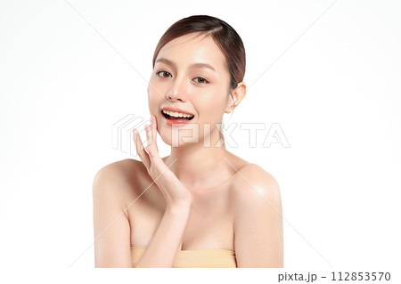 Beautiful young asian woman with clean fresh skin on white background, Face care, Facial treatment, Cosmetology, beauty and spa, Asian women portrait. Beautiful young asian woman with clean fresh skin on white background, Face care, Facial treatment, Cosmetology, beauty and spa, Asian women portrait. 112853570