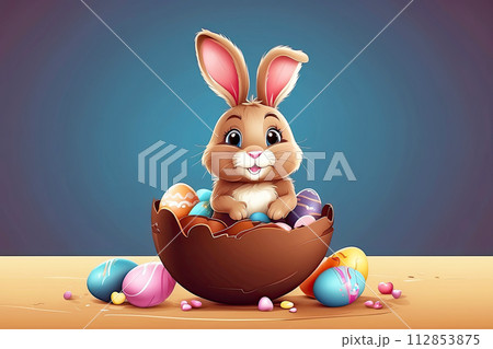 A cute Easter bunny with a basket of chocolate eggs and spring flowers is an illustration of a children character, a traditional holiday card on a colored background. AI generated 112853875