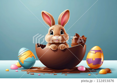 A cute Easter bunny with a basket of chocolate eggs and spring flowers is an illustration of a children character, a traditional holiday card on a colored background. AI generated 112853876