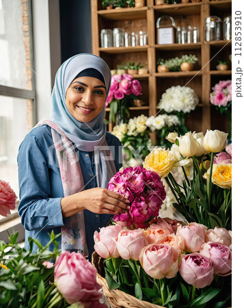 Muslim woman florist collects bouquet of pions- fresh cut flowers in vases in flower shop and racks for sale, delivery for the holiday. Spring, March 8, women's Day, birthday. AI generated 112853910