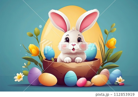 A cute Easter bunny with a basket of chocolate eggs and spring flowers is an illustration of a children character, a traditional holiday card on a colored background. AI generated 112853919