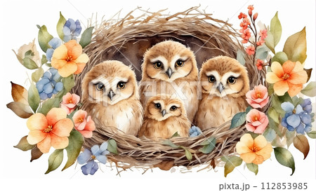 Cute watercolor owl family with chicks in a spring blooming nest of twigs and flowers on a white background. Spring card, spring time. AI generated Cute watercolor owl family with chicks in a spring blooming nest of twigs and flowers on a white background. Spring card, spring time. AI generated 112853985
