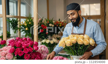 Muslim man florist collects bouquet of roses- fresh cut flowers in boxes and vases in flower shop and racks for sale, delivery for the holiday. Spring, March 8, women's Day, birthday. AI generated Muslim man florist collects bouquet of roses- fresh cut flowers in boxes and vases in flower shop and racks for sale, delivery for the holiday. Spring, March 8, women's Day, birthday. AI generated 112854000