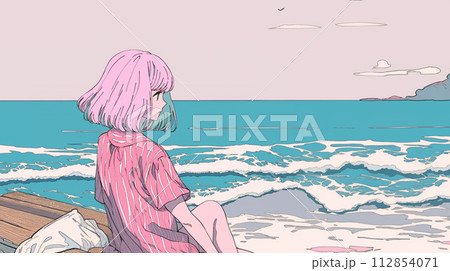 砂浜に座り海を眺める女の子のイラスト素材 [112854071] - PIXTA