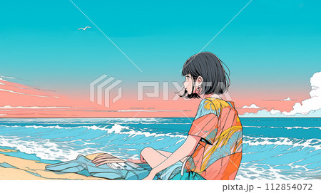 砂浜に座り海を眺める女の子のイラスト素材 [112854072] - PIXTA