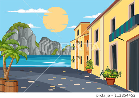 Sunny Coastal Town Street View 112854452