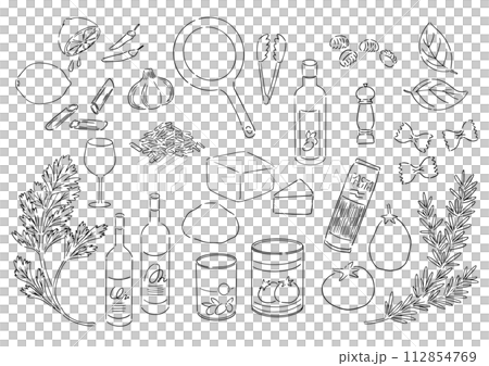 イタリアンの料理と食材の線画　背景素材セット 112854769