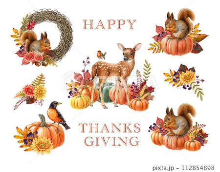 Thanksgiving decor elements with forest animals. Vintage style watercolor illustration. Hand drawn Thanksgiving festive floral decoration with pumpkins, autumn leaves and berries. White background 112854898