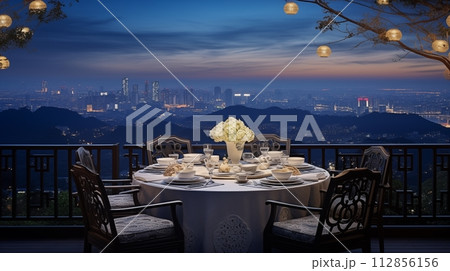 Romantic dinner table for couples, city view, beautiful twilight, special occasion.AI Generated Romantic dinner table for couples, city view, beautiful twilight, special occasion.AI Generated 112856156