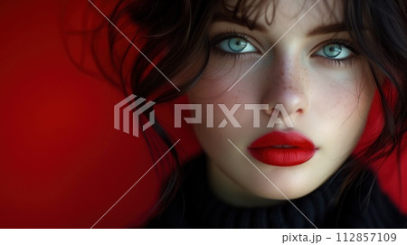 portrait, young pretty girl in red and black color 112857109