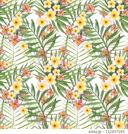 seamless pattern tropic plant palm, hibiscus. plumeria flower isolated on white background. Watercolor hand drawn botanical illustration. Art for design fabric, cosmetic, wrapping paper, spa 112857265