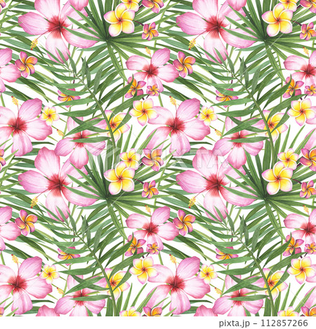 seamless pattern tropic plant palm, hibiscus. plumeria flower isolated on white background. Watercolor hand drawn botanical illustration. Art for design fabric, cosmetic, wrapping paper, spa 112857266