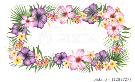 Fame tropic plant palm, hibiscus. plumeria flower isolated white background. Watercolor hand drawn botanical sketch illustration. Art for design banner, beauty, relaxation, template, spa Fame tropic plant palm, hibiscus. plumeria flower isolated white background. Watercolor hand drawn botanical sketch illustration. Art for design banner, beauty, relaxation, template, spa 112857277