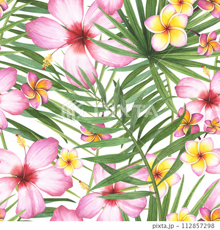 seamless pattern tropic plant palm, hibiscus. plumeria flower isolated on white background. Watercolor hand drawn botanical illustration. Art for design fabric, cosmetic, wrapping paper, spa seamless pattern tropic plant palm, hibiscus. plumeria flower isolated on white background. Watercolor hand drawn botanical illustration. Art for design fabric, cosmetic, wrapping paper, spa 112857298