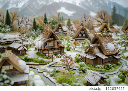 茅ぶき屋根のある風景(冬)-2 茅ぶき屋根のある風景(冬)-2 112857625