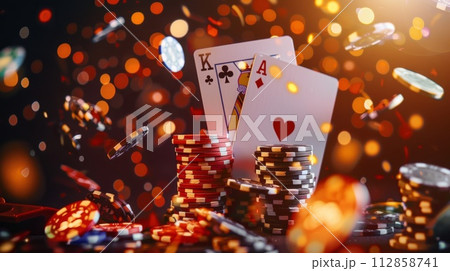 Poker chips and cards on bokeh background, casino concept 112858741