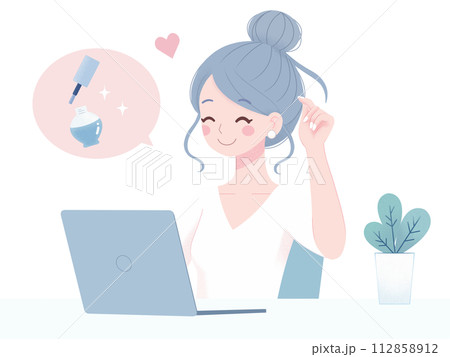 おしゃれなデスクで快適なテレワークをする女性(ネイル、ピアス、髪型自由)イラスト おしゃれなデスクで快適なテレワークをする女性(ネイル、ピアス、髪型自由)イラスト 112858912