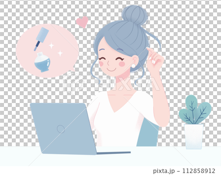 おしゃれなデスクで快適なテレワークをする女性(ネイル、ピアス、髪型自由)イラスト おしゃれなデスクで快適なテレワークをする女性(ネイル、ピアス、髪型自由)イラスト 112858912