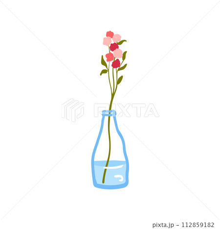 Fresh flower in glass vase. Fragile delicate stems in water. Cut floral plant. Gentle spring blooms, blossomed summer wildflower bouquet isolated on white background. Flat vector illustration Fresh flower in glass vase. Fragile delicate stems in water. Cut floral plant. Gentle spring blooms, blossomed summer wildflower bouquet isolated on white background. Flat vector illustration 112859182