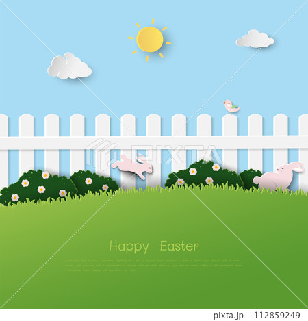 Easter greeting card,celebrate theme with easter eggs and cute rabbits in the garden 112859249