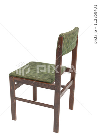 Polish original chair from the 70s and 80s with green stripes. Angled view from the back. Polish original chair from the 70s and 80s with green stripes. Angled view from the back. 112859431