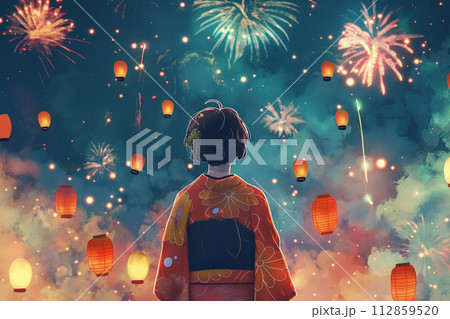 打ち上げ花火を見る若い浴衣の女性 112859520