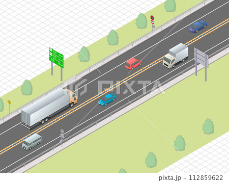 アイソメトリック図法で描いたセンターポールで分離された対面通行の高速道路イメージ（マス目地） 112859622
