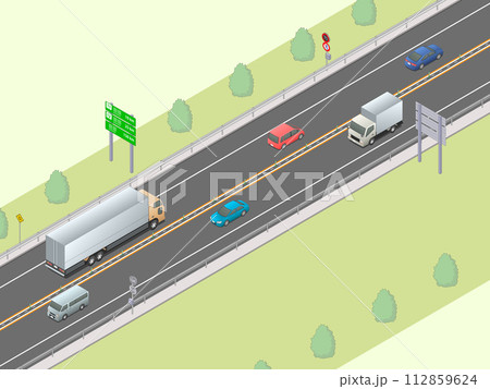 アイソメトリック図法で描いたセンターポールで分離された対面通行の高速道路イメージ（緑地） 112859624