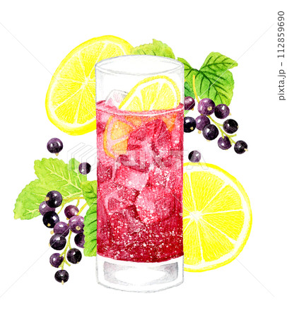 カシスソーダとカシス・レモンの果実　飲み物（お酒）の手描き水彩イラスト素材 112859690